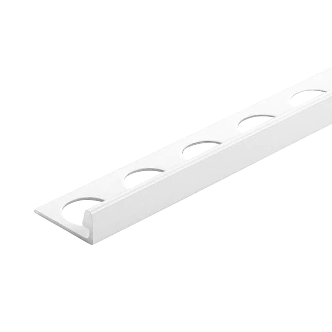 The Go Build 3/8 in. x 98-1/2 in. Aluminum L-Shaped Tile Edging Trim in Bright White protects and finishes tile edges with its durable aluminum construction and convenient round cut-out holes along one side.